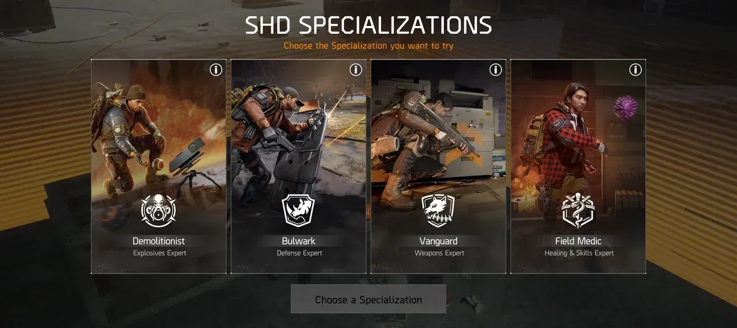 Specialization selection screen