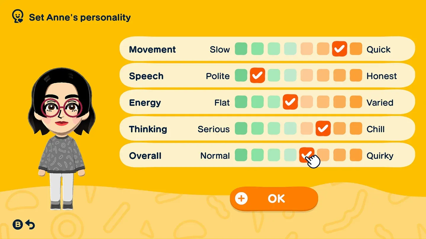 Personality sliders in Mii creation