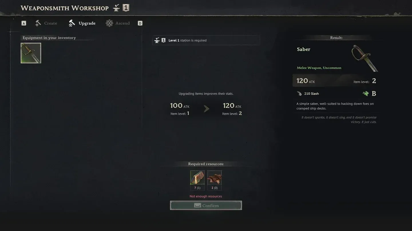 Ascend tab in Weaponsmith